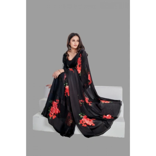 Women's Satin Patta Printed Saree With Unstitched Blouse (Red) - Red