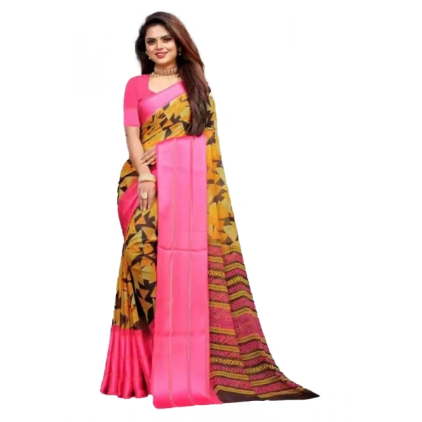 Women's Satin Patta Printed Saree With Unstitched Blouse (Pink) - Pink