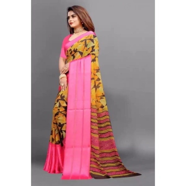 Women's Satin Patta Printed Saree With Unstitched Blouse (Pink) - Pink