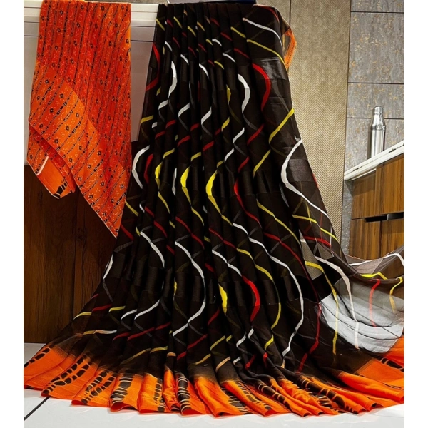 Women's Satin Patta Printed Saree With Unstitched Blouse (Orange) - Orange