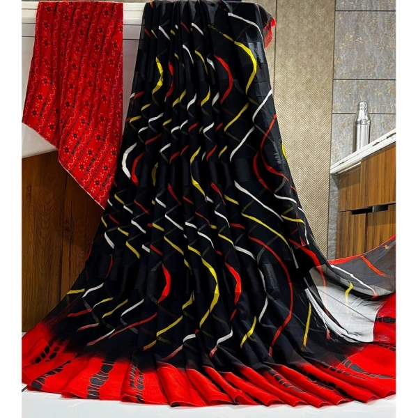 Women's Satin Patta Printed Saree With Unstitched Blouse (Red) - Red