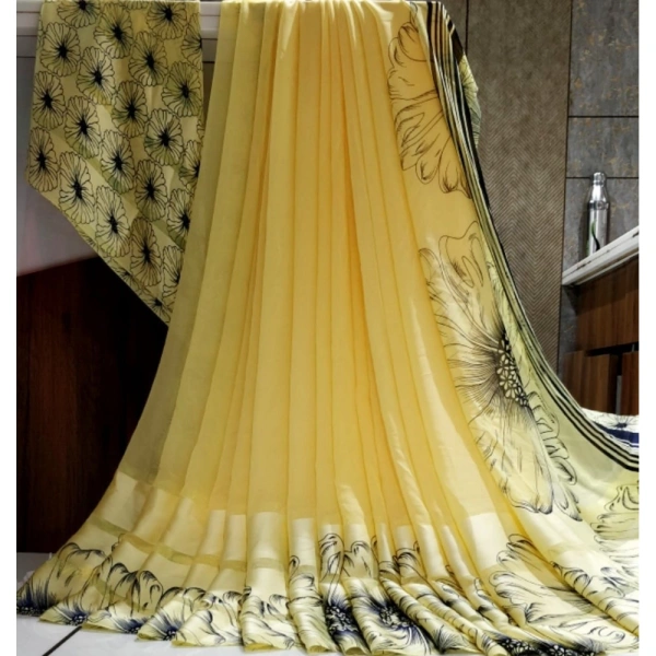 Women's Satin Patta Printed Saree With Unstitched Blouse (Yellow) - Yellow