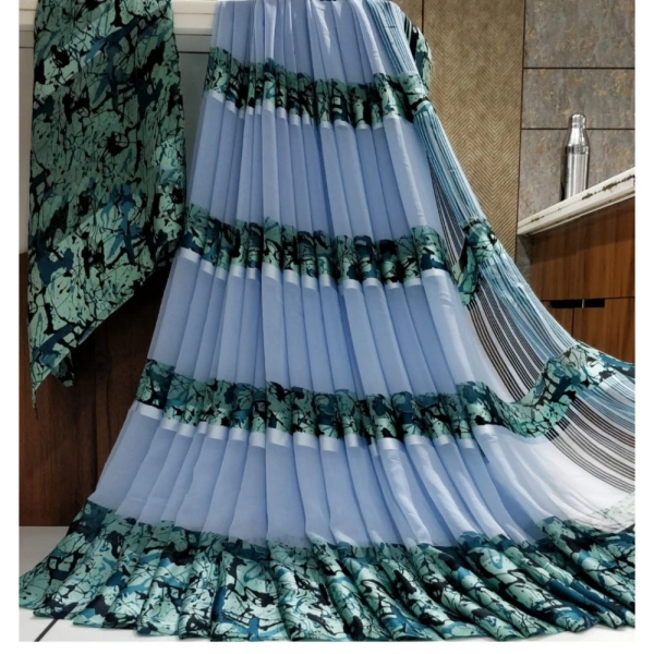 Women's Satin Patta Printed Saree With Unstitched Blouse (Blue) - Blue