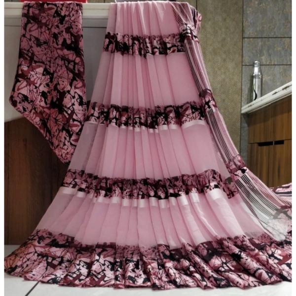 Women's Satin Patta Printed Saree With Unstitched Blouse (Pink) - Pink