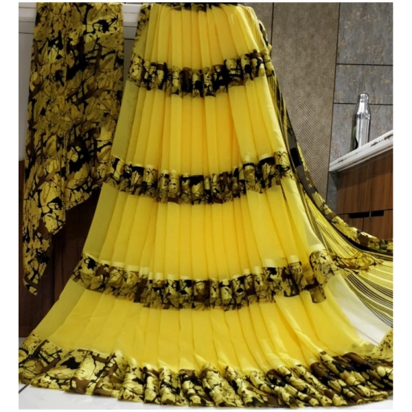 Women's Satin Patta Printed Saree With Unstitched Blouse (Yellow) - Yellow