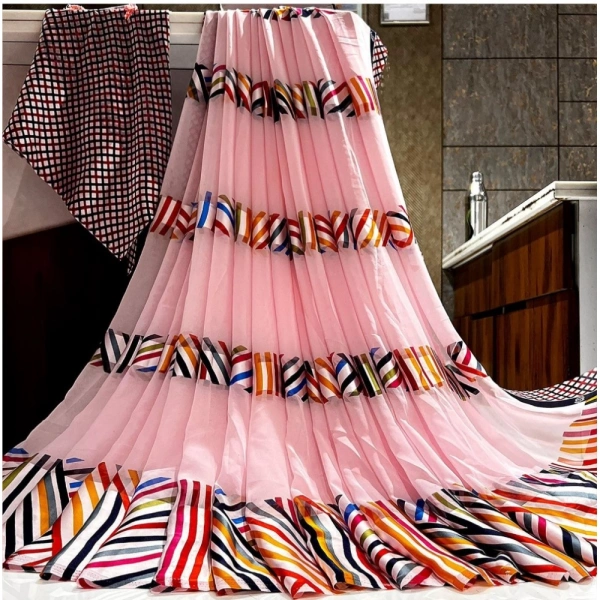 Women's Satin Patta Printed Saree With Unstitched Blouse (Pink) - Pink