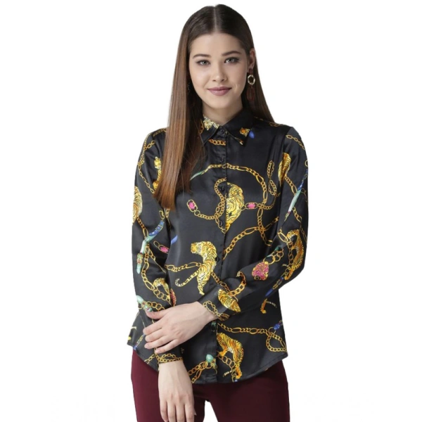 Women's Satin Printed Long Sleeves Standard Length Shirt (Black - Gold) - M