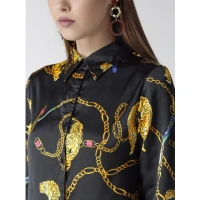 Women's Satin Printed Long Sleeves Standard Length Shirt (Black - Gold) - M