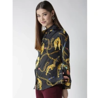 Women's Satin Printed Long Sleeves Standard Length Shirt (Black - Gold) - M