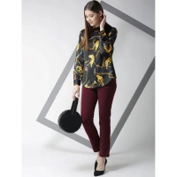 Women's Satin Printed Long Sleeves Standard Length Shirt (Black - Gold) - M
