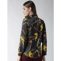 Women's Satin Printed Long Sleeves Standard Length Shirt (Black - Gold) - M