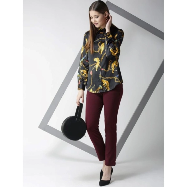 Women's Satin Printed Long Sleeves Standard Length Shirt (Black - Gold) - M