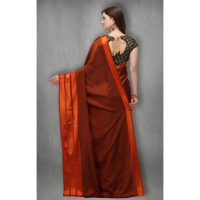 Women's Satin Silk Saree with Blouse (Orange, 5-6 Mtrs) - Orange