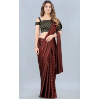 Women's Satin Silk Saree with Blouse (Orange, 5-6 Mtrs) - Orange