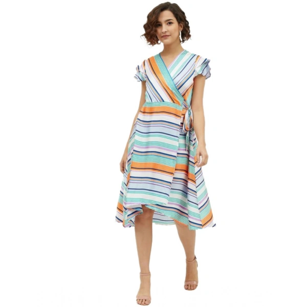 Women's Satin Striped Short Sleeve Knee-Length Dress (Multicolor) - S