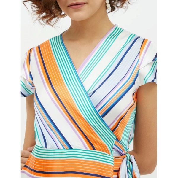 Women's Satin Striped Short Sleeve Knee-Length Dress (Multicolor) - S