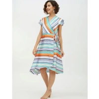 Women's Satin Striped Short Sleeve Knee-Length Dress (Multicolor) - S