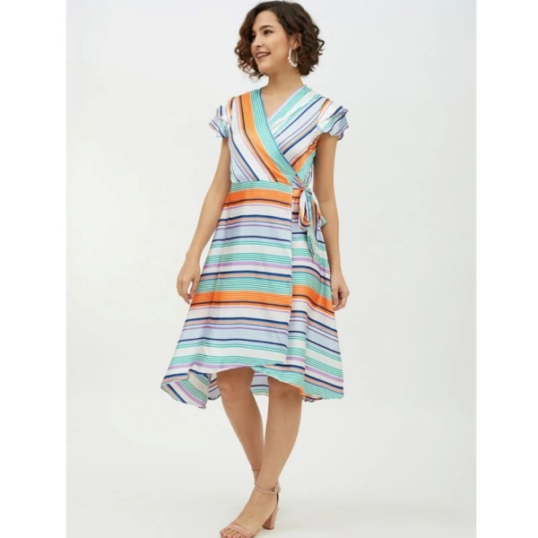 Women's Satin Striped Short Sleeve Knee-Length Dress (Multicolor) - S