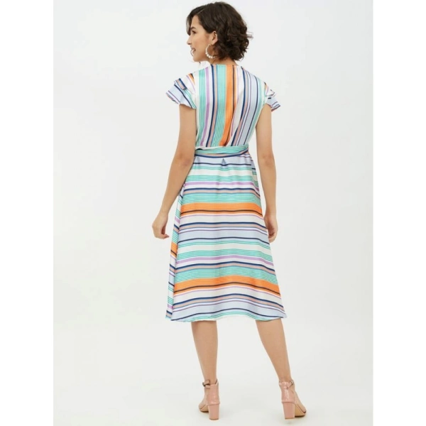 Women's Satin Striped Short Sleeve Knee-Length Dress (Multicolor) - S