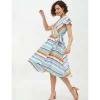 Women's Satin Striped Short Sleeve Knee-Length Dress (Multicolor) - S