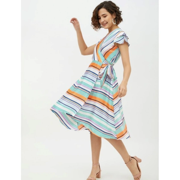 Women's Satin Striped Short Sleeve Knee-Length Dress (Multicolor) - S
