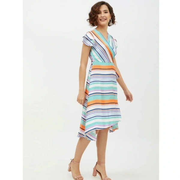 Women's Satin Striped Short Sleeve Knee-Length Dress (Multicolor) - S
