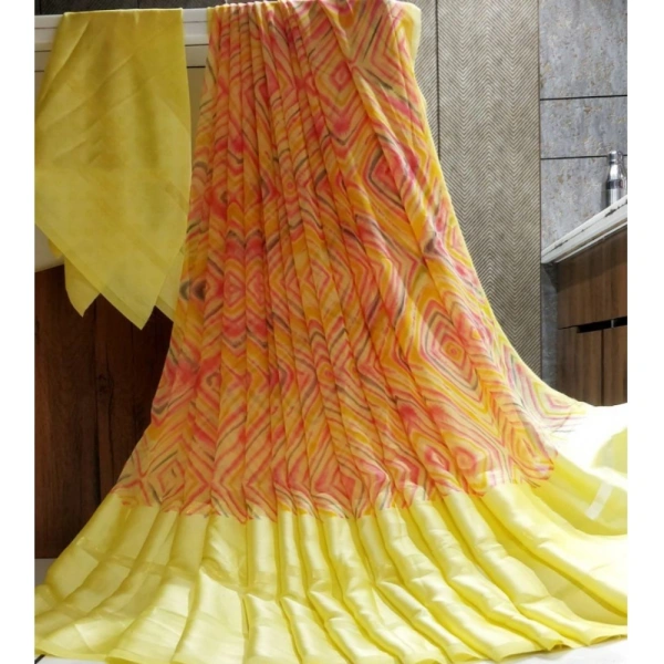 Women's Satin Patta Printed Saree With Unstitched Blouse (Yellow) - Yellow