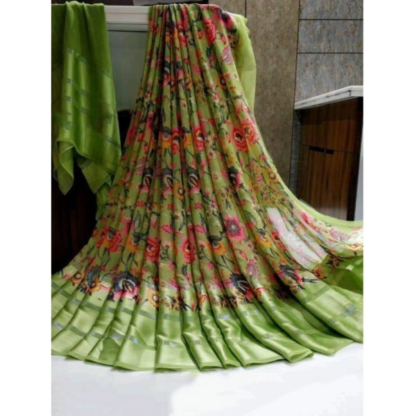 Women's Satin Patta Printed Saree With Unstitched Blouse (Green) - Green