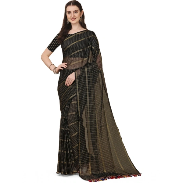 Women's Silk Blend Checkered Saree With Unstitched Blouse 5.5Mtr (Black) - Black