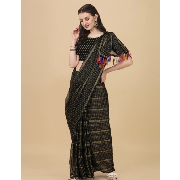 Women's Silk Blend Checkered Saree With Unstitched Blouse 5.5Mtr (Black) - Black