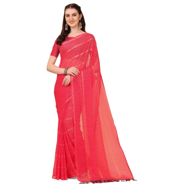 Women's Silk Blend Checkered Saree With Unstitched Blouse 5.5Mtr (Pink) - Pink