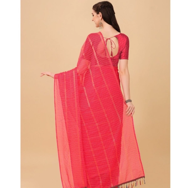 Women's Silk Blend Checkered Saree With Unstitched Blouse 5.5Mtr (Pink) - Pink