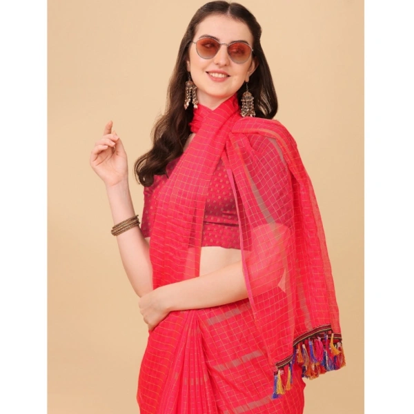 Women's Silk Blend Checkered Saree With Unstitched Blouse 5.5Mtr (Pink) - Pink