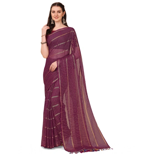 Women's Silk Blend Checkered Saree With Unstitched Blouse 5.5Mtr (Maroon) - Maroon