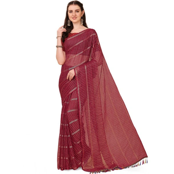 Women's Silk Blend Checkered Saree With Unstitched Blouse 5.5Mtr (Red) - Red