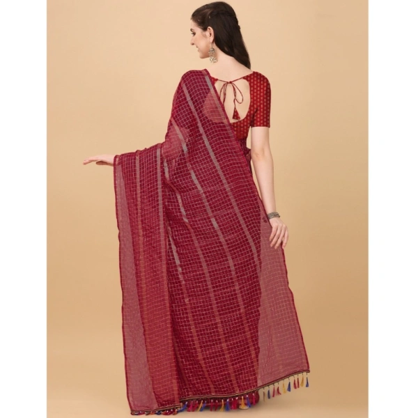 Women's Silk Blend Checkered Saree With Unstitched Blouse 5.5Mtr (Red) - Red