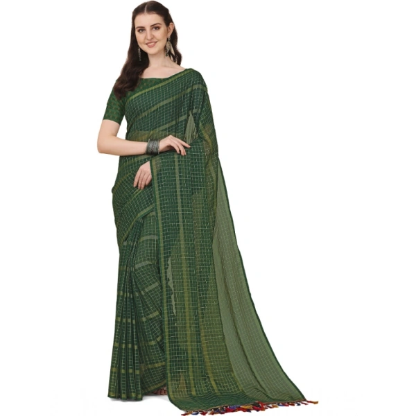 Women's Silk Blend Checkered Saree With Unstitched Blouse 5.5Mtr (Green) - Green