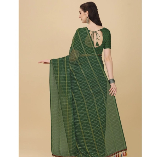 Women's Silk Blend Checkered Saree With Unstitched Blouse 5.5Mtr (Green) - Green
