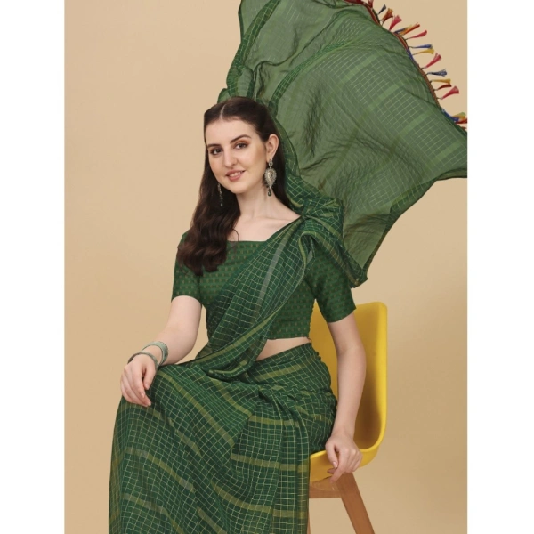 Women's Silk Blend Checkered Saree With Unstitched Blouse 5.5Mtr (Green) - Green