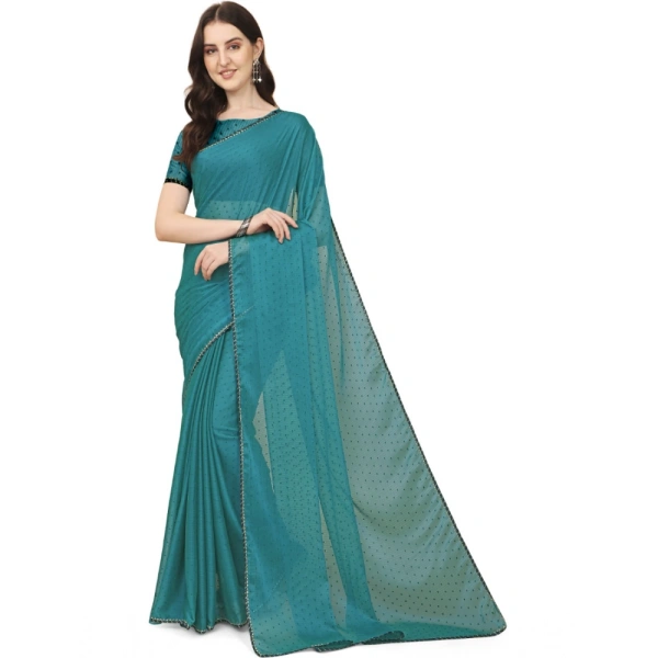 Women's Silk Blend Embellished Saree With Unstitched Blouse 5.5Mtr (Blue) - Blue