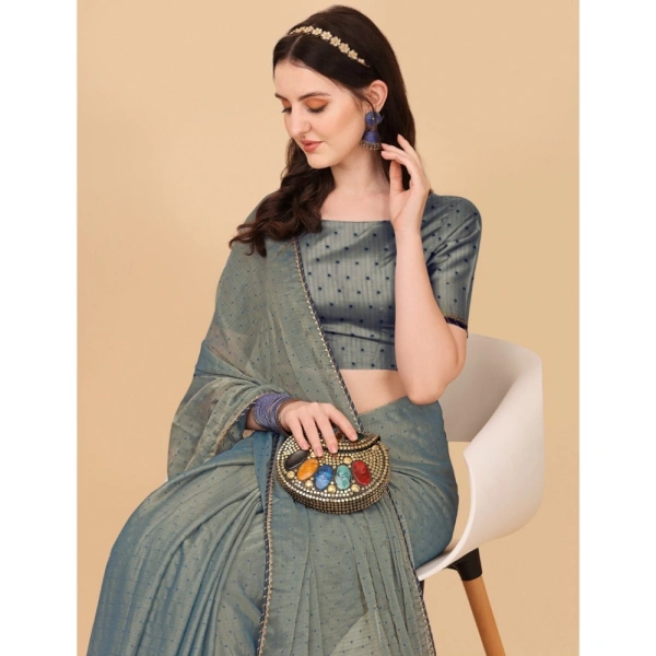 Women's Silk Blend Embellished Saree With Unstitched Blouse 5.5Mtr (Grey) - Grey