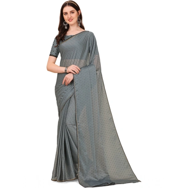 Women's Silk Blend Embellished Saree With Unstitched Blouse 5.5Mtr (Silver) - Silver