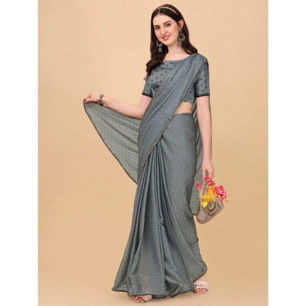 Women's Silk Blend Embellished Saree With Unstitched Blouse 5.5Mtr (Silver) - Silver
