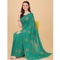 Women's Silk Blend Embroidered Saree With Unstitched Blouse 5.5Mtr (Green) - Green