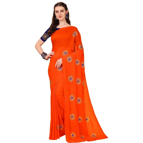 Women's Silk Blend Embroidered Saree With Unstitched Blouse 5.5Mtr (Orange) - Orange