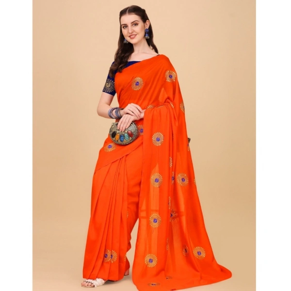 Women's Silk Blend Embroidered Saree With Unstitched Blouse 5.5Mtr (Orange) - Orange