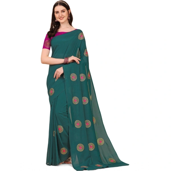 Women's Silk Blend Embroidered Saree With Unstitched Blouse 5.5Mtr (Dark Green) - Dark Green