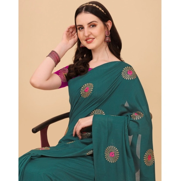 Women's Silk Blend Embroidered Saree With Unstitched Blouse 5.5Mtr (Dark Green) - Dark Green