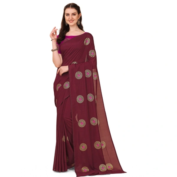 Women's Silk Blend Embroidered Saree With Unstitched Blouse 5.5Mtr (Brown) - Brown
