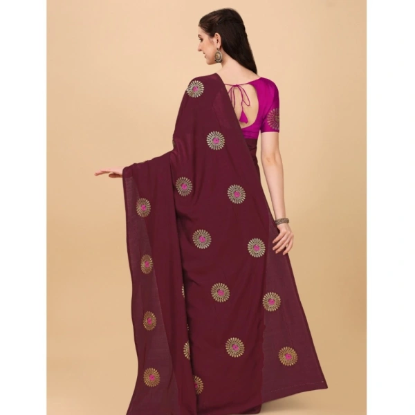 Women's Silk Blend Embroidered Saree With Unstitched Blouse 5.5Mtr (Brown) - Brown